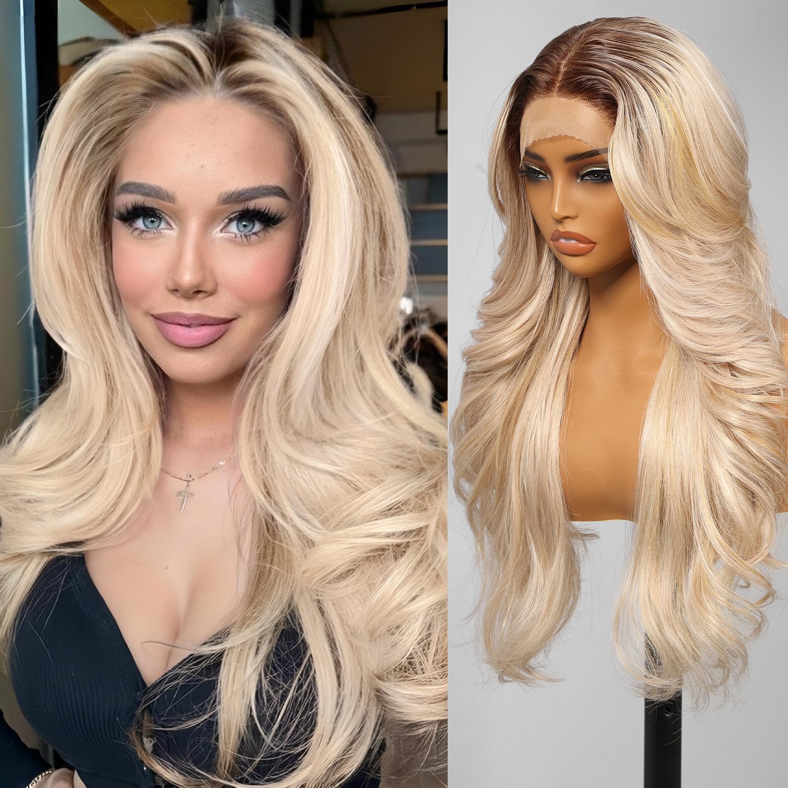 KOME Ombre Blonde Synthetic Lace Front Wig,13x4 Glueless Wigs Body Wave Wig,Put On Go Shaggy Wolf Haircuts Wigs for Women,Pre-Plucked Hairline Wigs for Party Dality Use 26IN