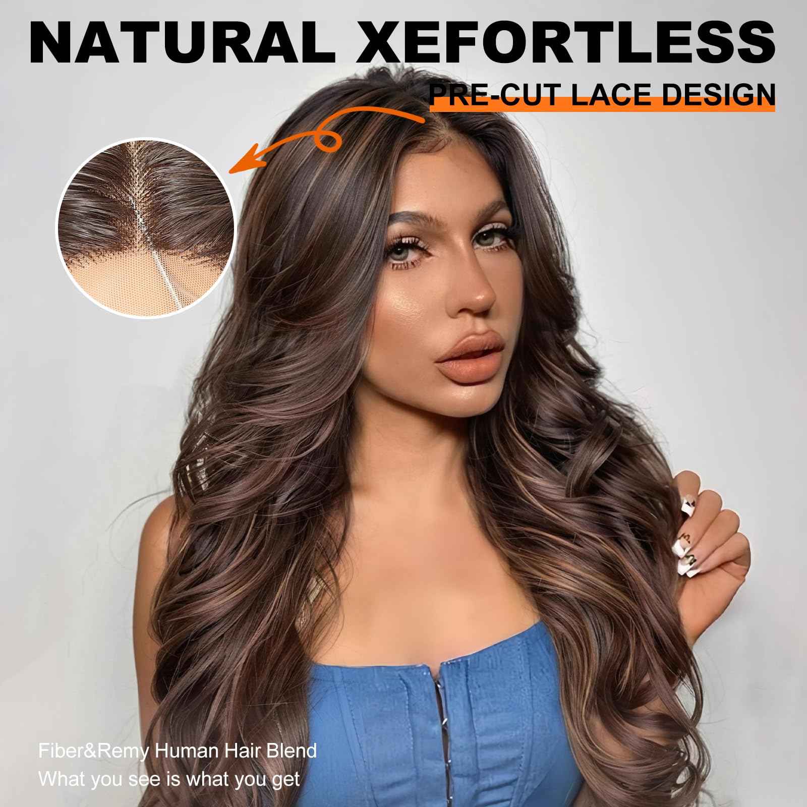 KOME Brown Synthetic Lace Front Wig,Brown Highlight 13x4 Glueless Wigs Body Wave Wig,Put On Go Shaggy Wolf Haircuts Wigs for Women,Pre-Plucked Hairline Wigs for Party Dality Use 26IN