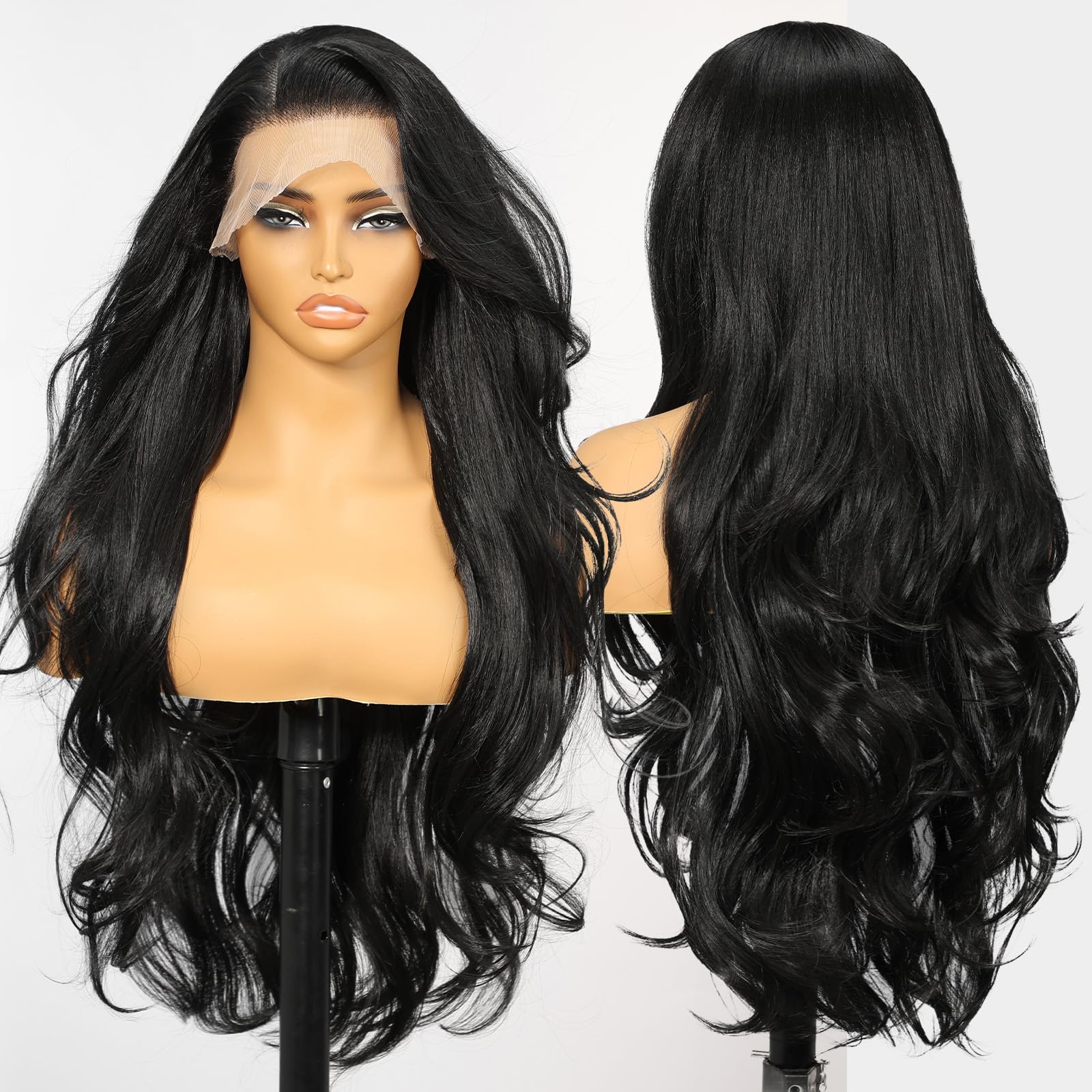 KOME Black Synthetic Lace Front Wig,13×6 Body Wave Pre Plucked HD Glueless Wig for Women,Natural Daily Use Hair Wig 28IN