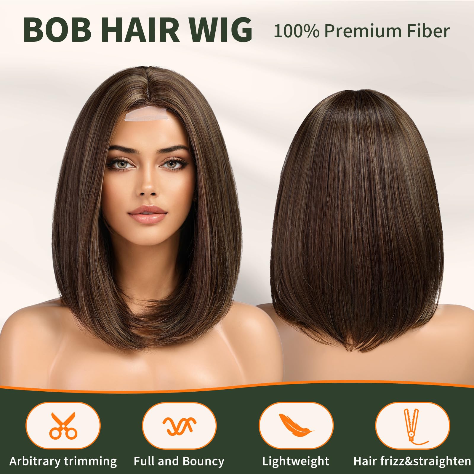 KOME FTL007-4 Natural Brown Highlight Short Bob Wigs,Brown Straight Shoulder Length Wigs for Women,Middle Part Heat Resistant Fibre Synthetic Wig Daily Use