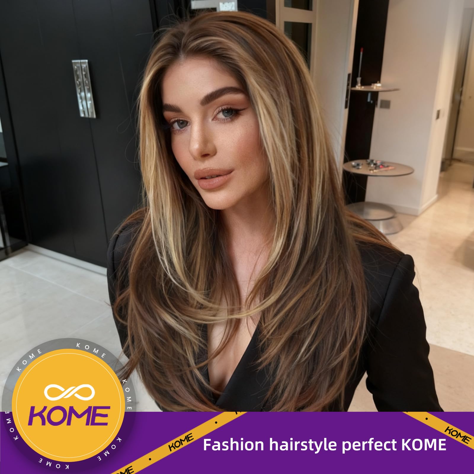 KOME Brown Highlight Synthetic Lace Front Wig, 13X6 HD Long Straight Layered Glueless Wigs for Women Daily Use 26IN （TT6/116 ）