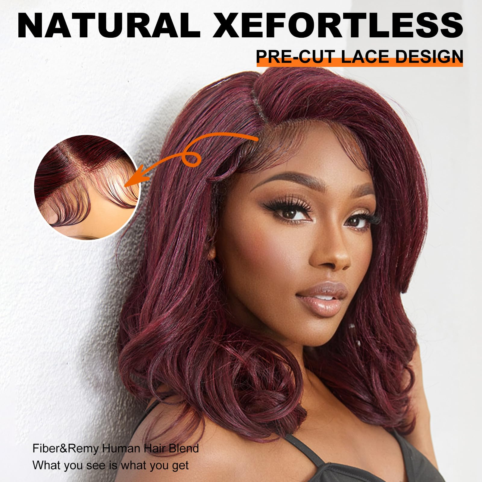 KOME Burgundy Synthetic Lace Front Wig,13X5X1 Body Wave Pre Plucked Short Bob Wigs,Glueless Lace Front Wigs for Women,Shoulder Length Daily Use Hair Wig 18IN