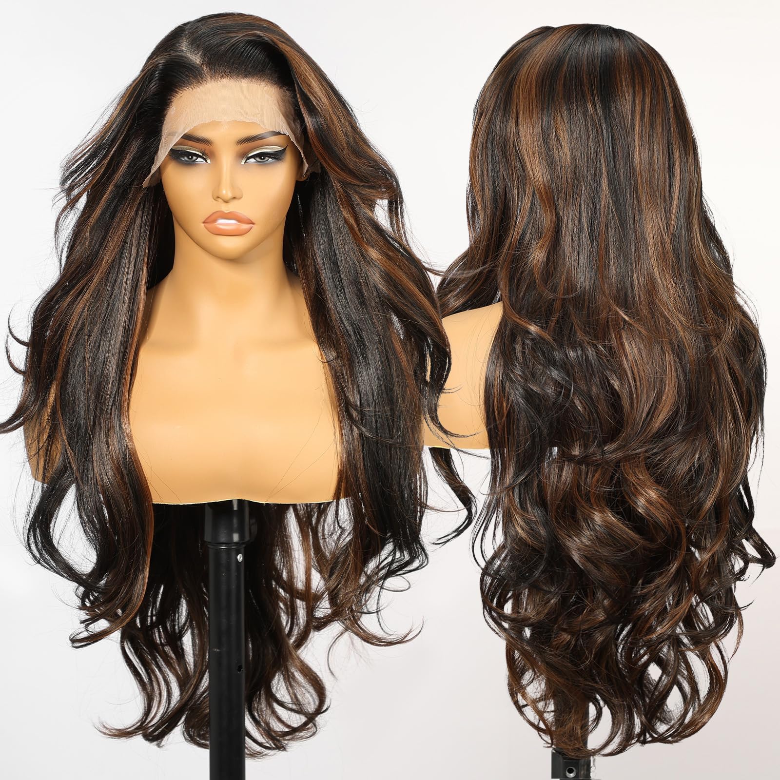 KOME Brown Highlight Synthetic Lace Front Wig,13×6 Body Wave Pre Plucked HD Lace Glueless Wig for Women,Natural Daily Use Hair Wig 28IN