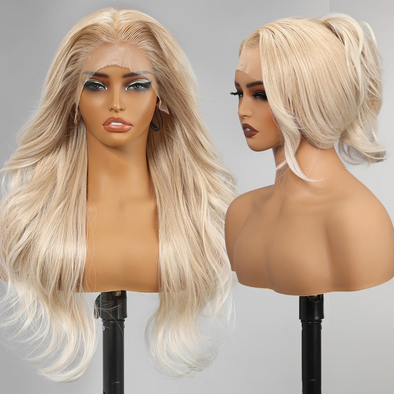 KOME Blonde Synthetic Lace Front Wig,13x4 Glueless Wigs Body Wave Wig,Put On Go Shaggy Wolf Haircuts Wigs for Women,Pre-Plucked Hairline Wigs for Party Dality Use 26IN