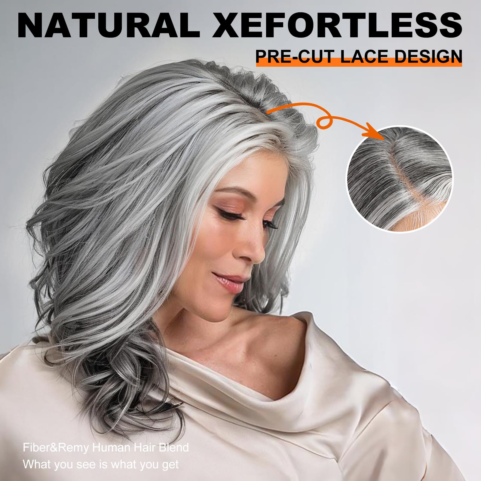 KOME Grey Synthetic Lace Front Wig,13X5X1 Body Wave Pre Plucked Grey Short Bob Wigs,Glueless Wigs for Women,Shoulder Length Daily Use Hair Wig 18IN