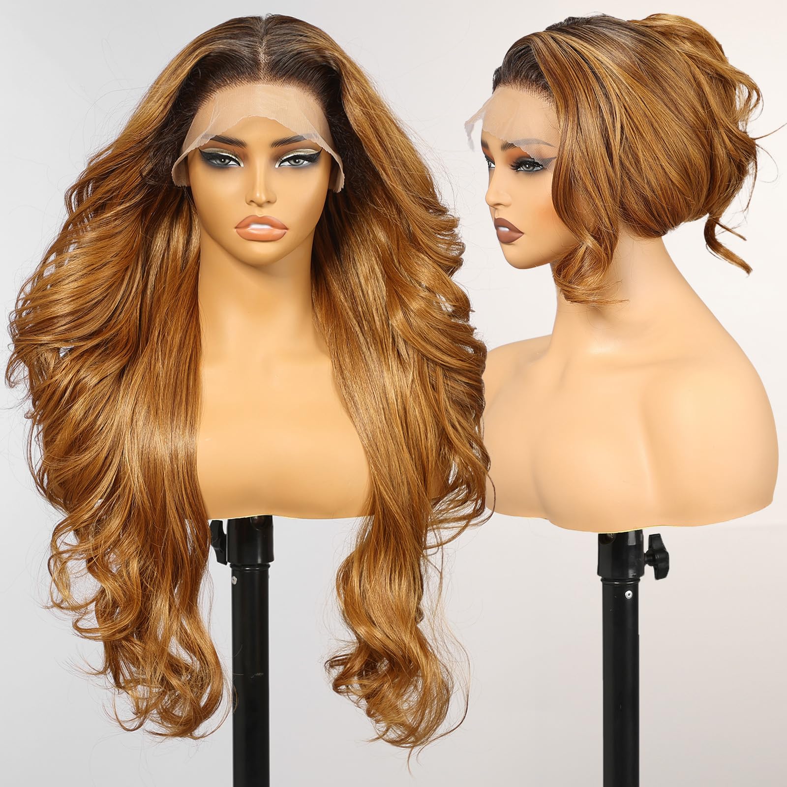 KOME Honey Blonde Synthetic Lace Front Wig,13×6 Body Wave Pre Plucked HD Lace Glueless Wig for Women,Natural Daily Use Hair Wig 26IN