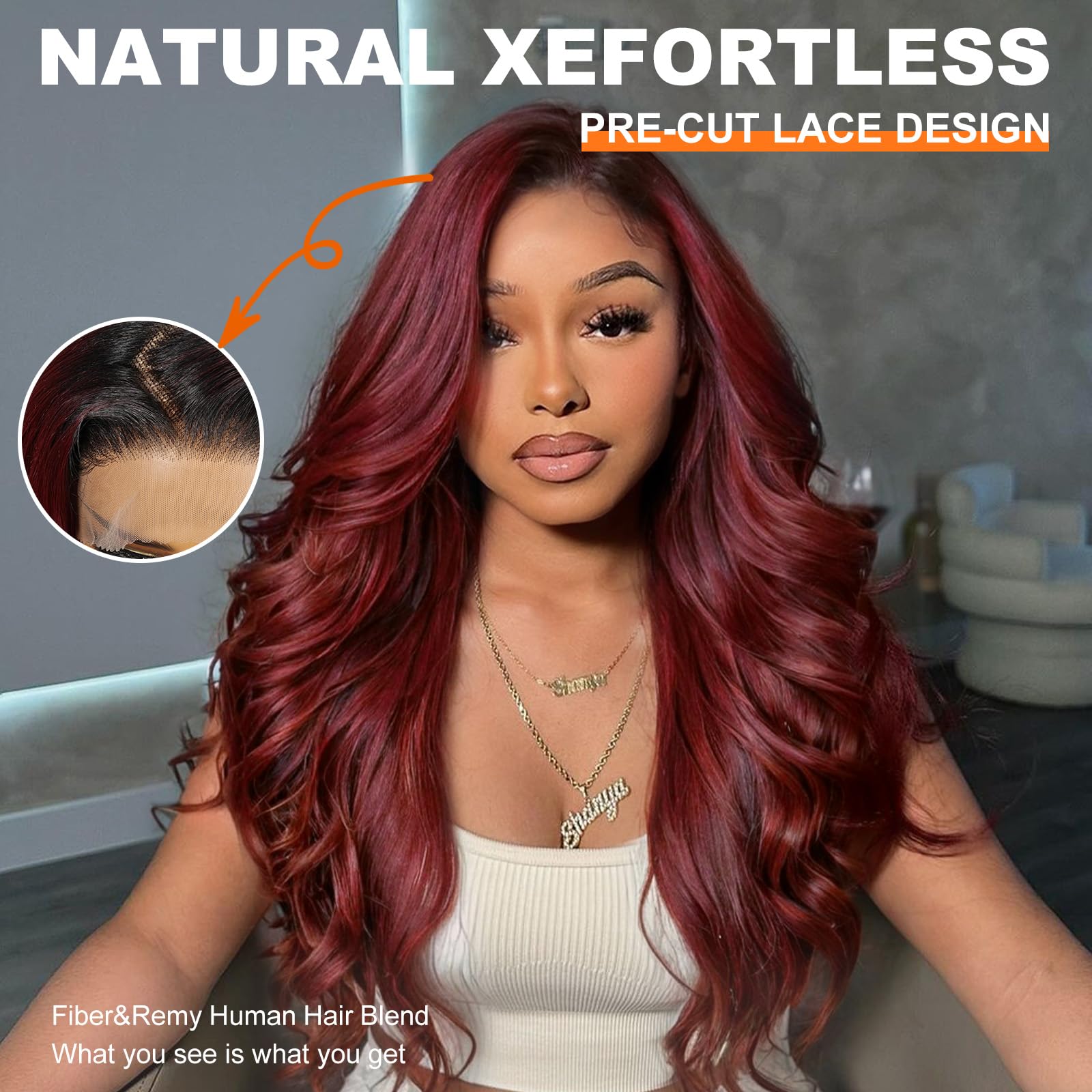 KOME Burgundy Synthetic Lace Front Wig,99j 13×6 Body Wave Pre Plucked HD Lace Glueless Wig for Women,Natural Daily Use Hair Wig 26IN