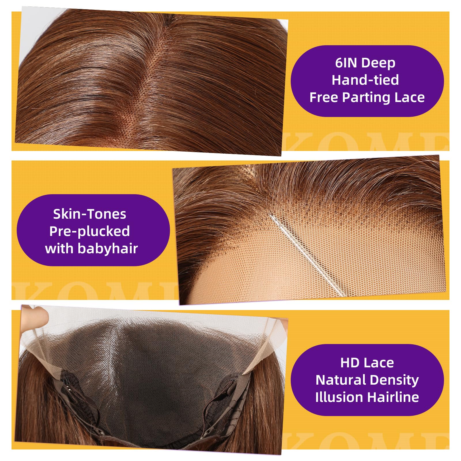 KOME Brown Synthetic Lace Front Wig,13X6 Long Straight Layered Glueless Wigs for Women Daily Use 22IN