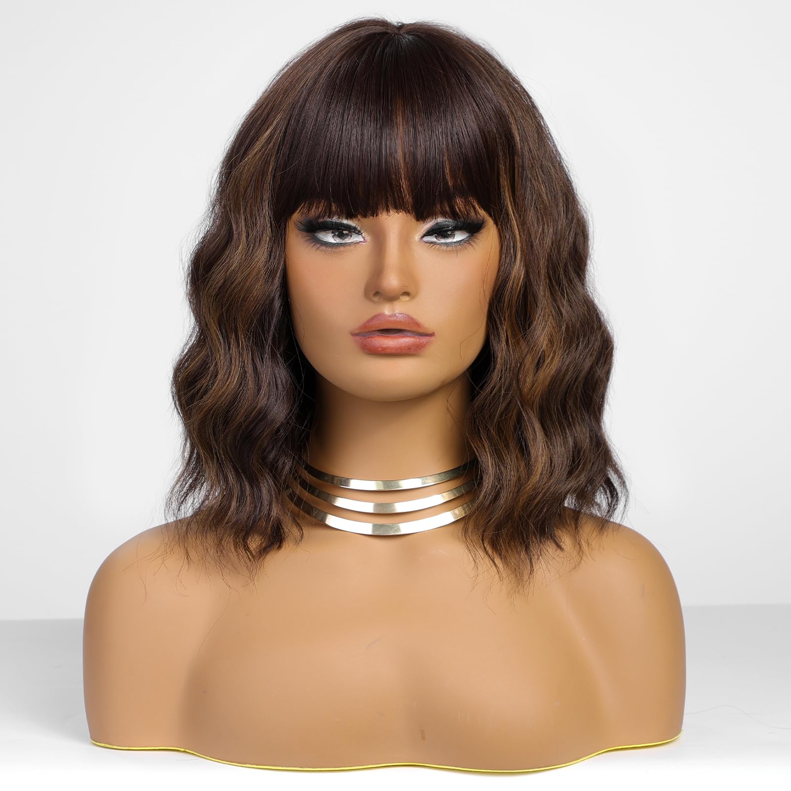 KOME Curly Bob Wig with Bangs Short Wavy Brown Highlight Wigs for Women Bob Style Synthetic Heat Resistant Bob Wigs 14IN