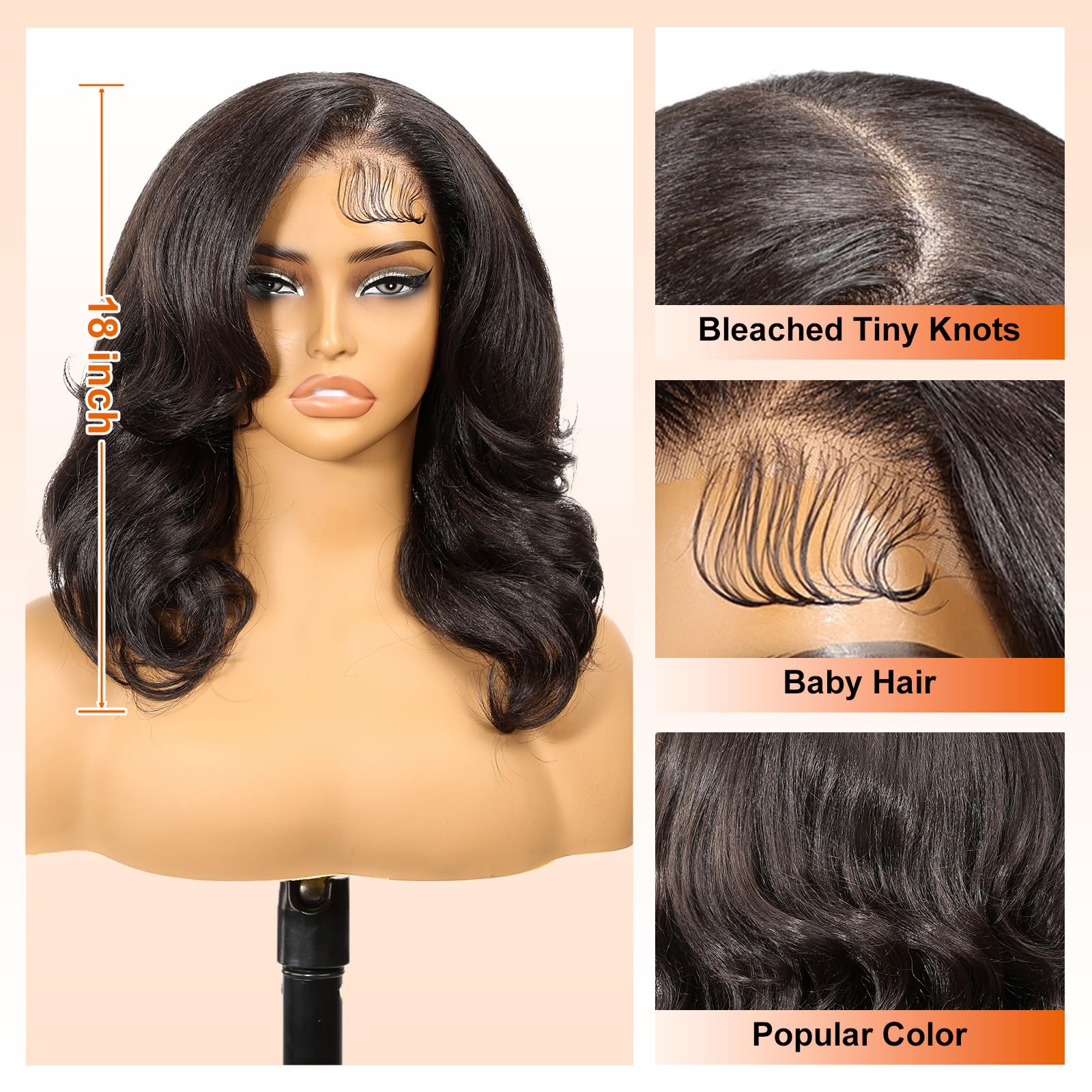 KOME Black 13×6 Lace Front Wig,Short Body Wigs Wave Pre Plucked Ready to Wear,HD Glueless Synthetic Lace Front Wigs for Women,Shoulder Length Daily Use Hair Wig 18IN