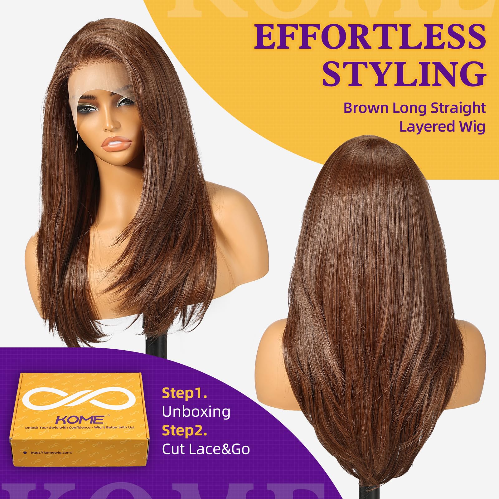 KOME Brown Synthetic Lace Front Wig,13X6 Long Straight Layered Glueless Wigs for Women Daily Use 22IN