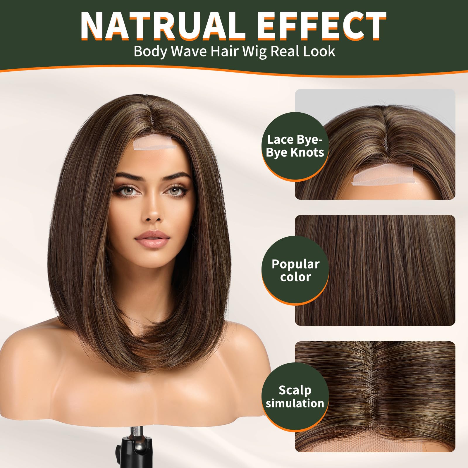 KOME FTL007-4 Natural Brown Highlight Short Bob Wigs,Brown Straight Shoulder Length Wigs for Women,Middle Part Heat Resistant Fibre Synthetic Wig Daily Use