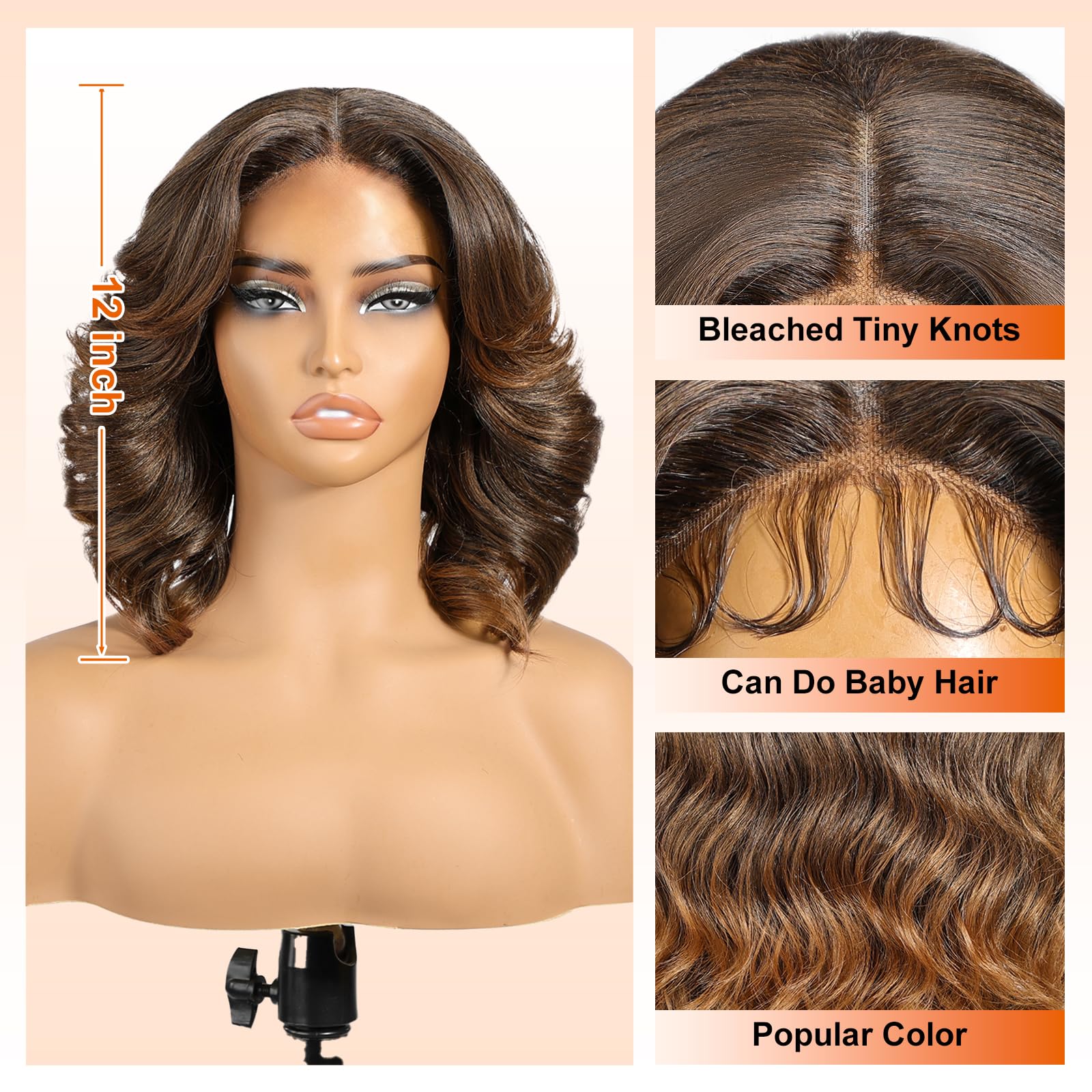 KOME Natural Brown Lace Front Wig,Short Bob Wigs Body Wave Pre Plucked Ready to Wear,HD Glueless 13X5X1 Synthetic Lace Front Wigs for Women,Daily Use Hair Wig 12IN