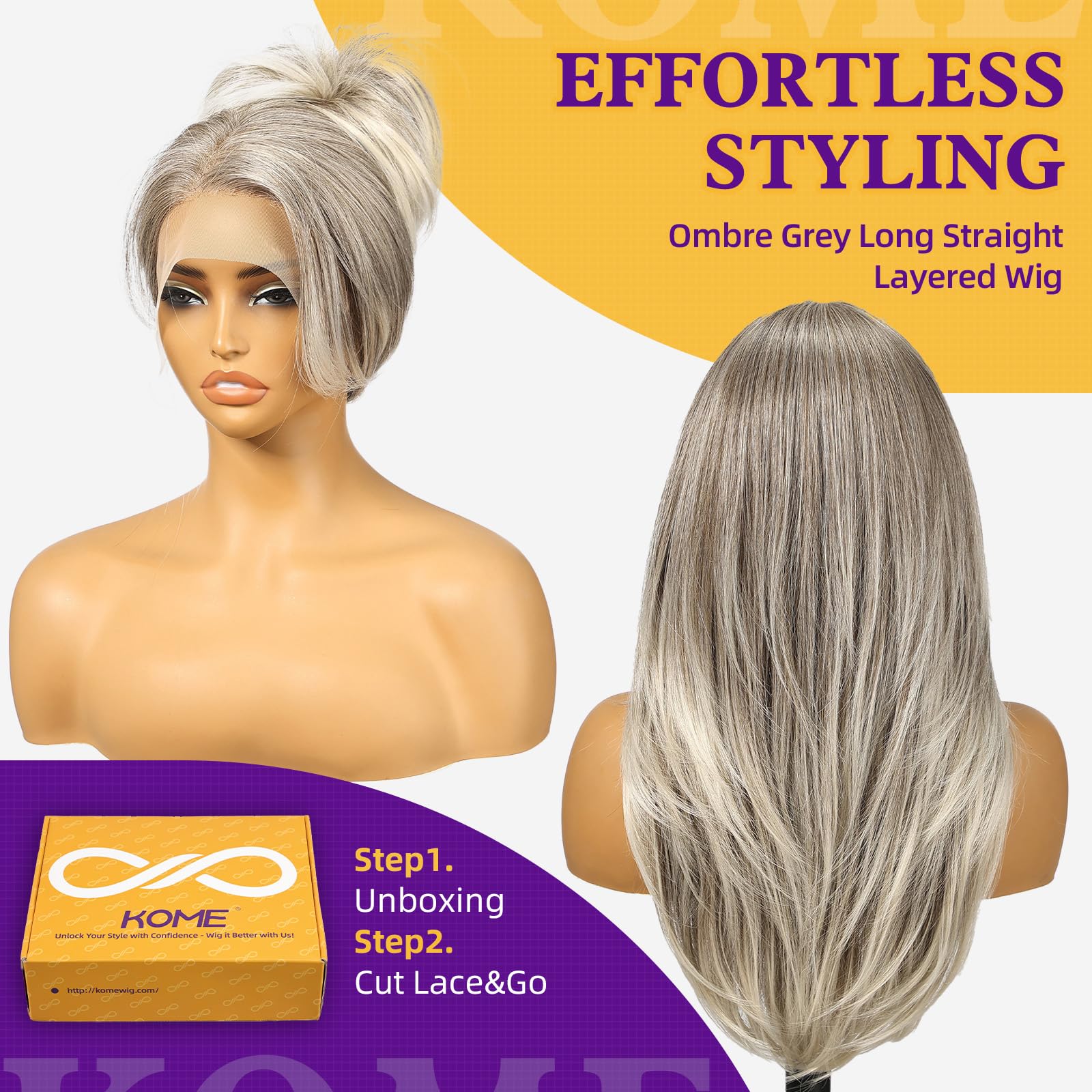 KOME Grey Synthetic Lace Front Wig,13X6 Long Straight Layered Glueless Wigs for Women Daily Use 22IN