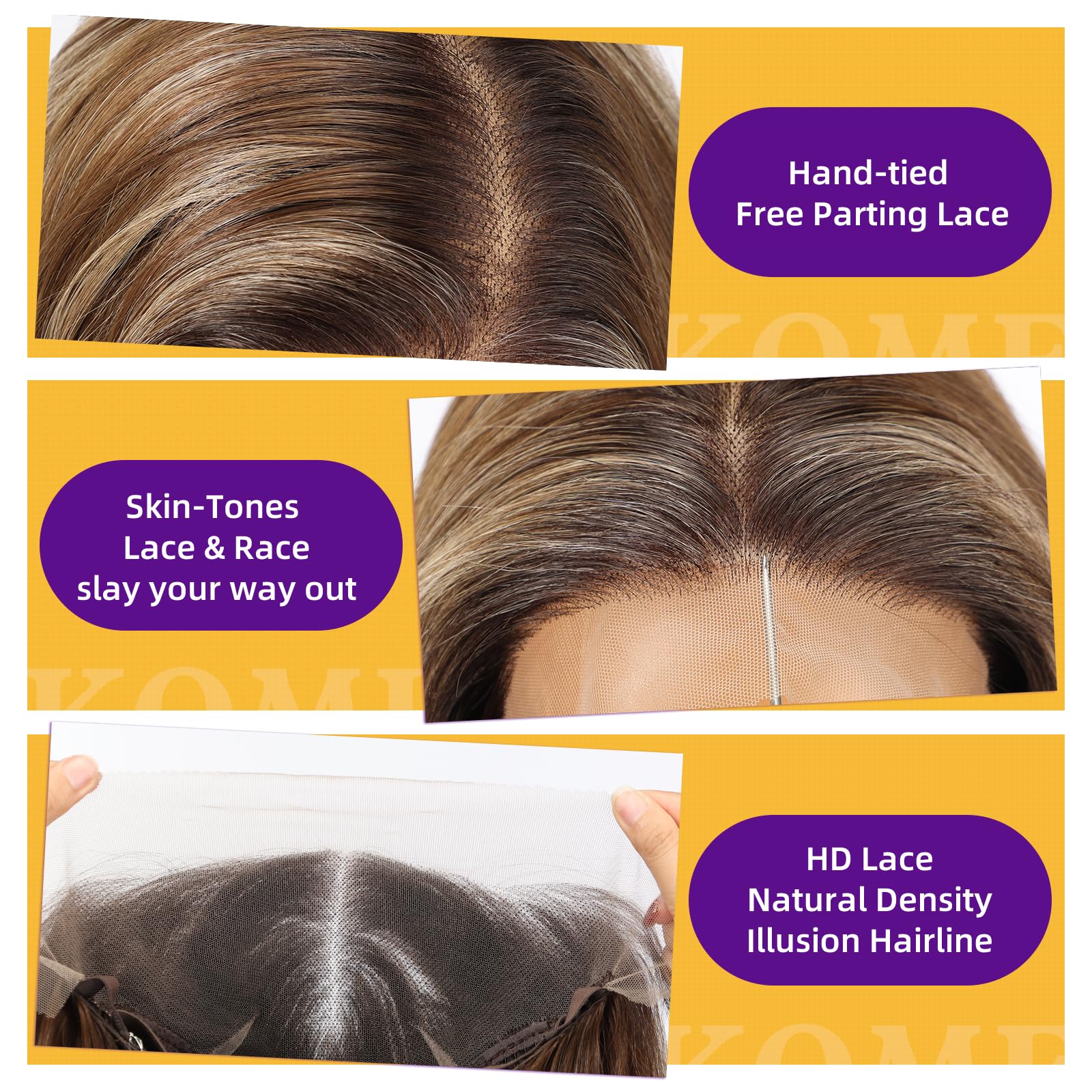 KOME Brown Highlight Synthetic Lace Front Wig, 13X6 HD Long Straight Layered Glueless Wigs for Women Daily Use 26IN （TT6/116 ）