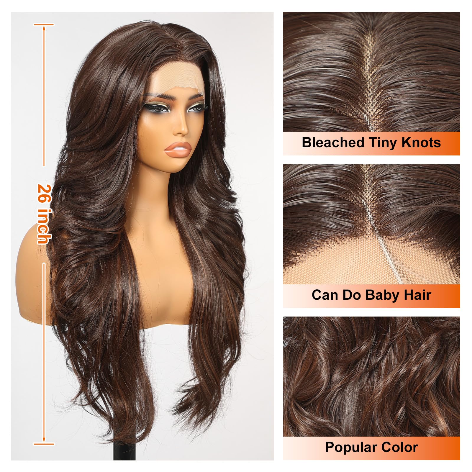 KOME Brown Synthetic Lace Front Wig,Brown Highlight 13x4 Glueless Wigs Body Wave Wig,Put On Go Shaggy Wolf Haircuts Wigs for Women,Pre-Plucked Hairline Wigs for Party Dality Use 26IN