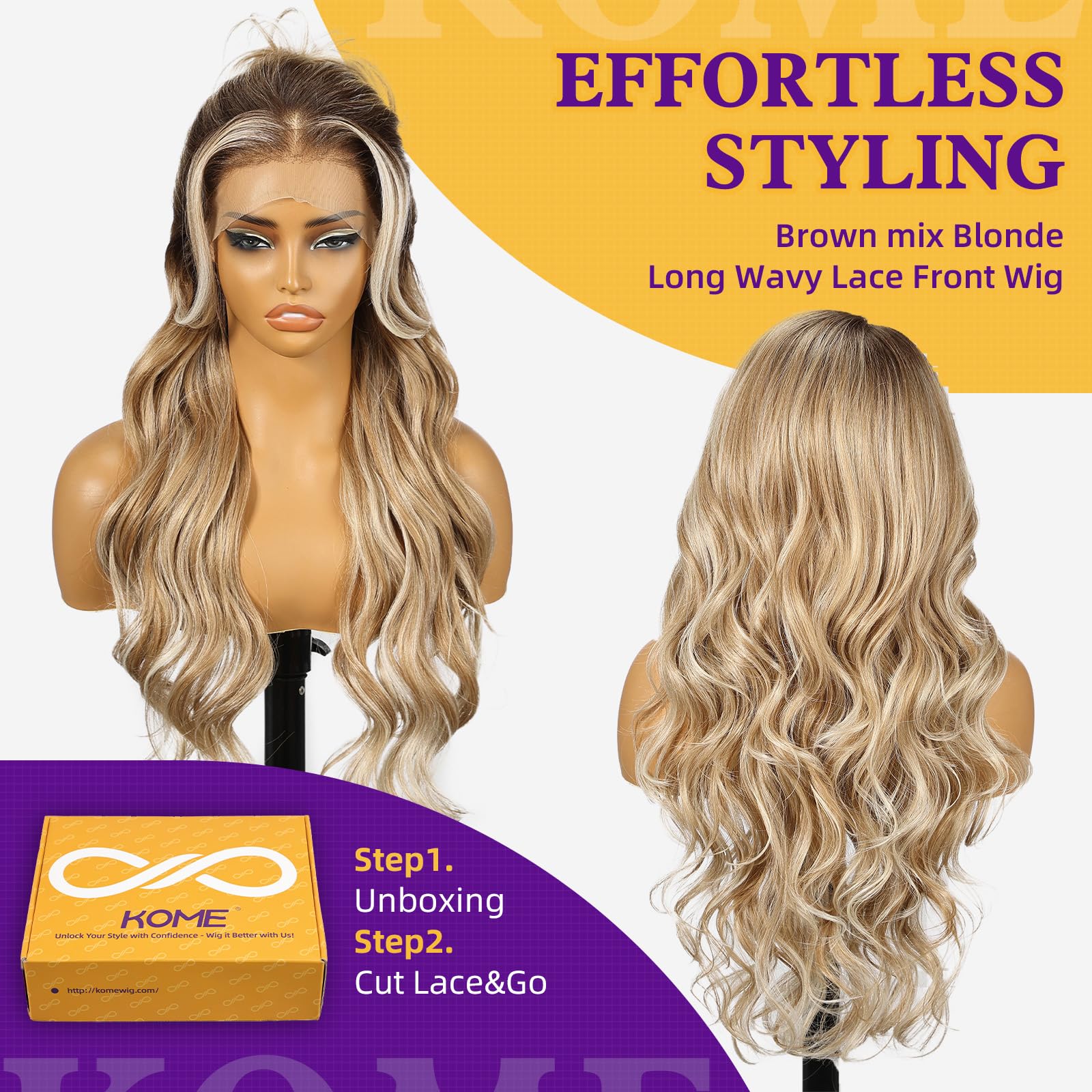 KOME Dirty Blonde Synthetic Lace Front Wig,13×6 Curly Glueless Wigs for Women Daily Use 26IN