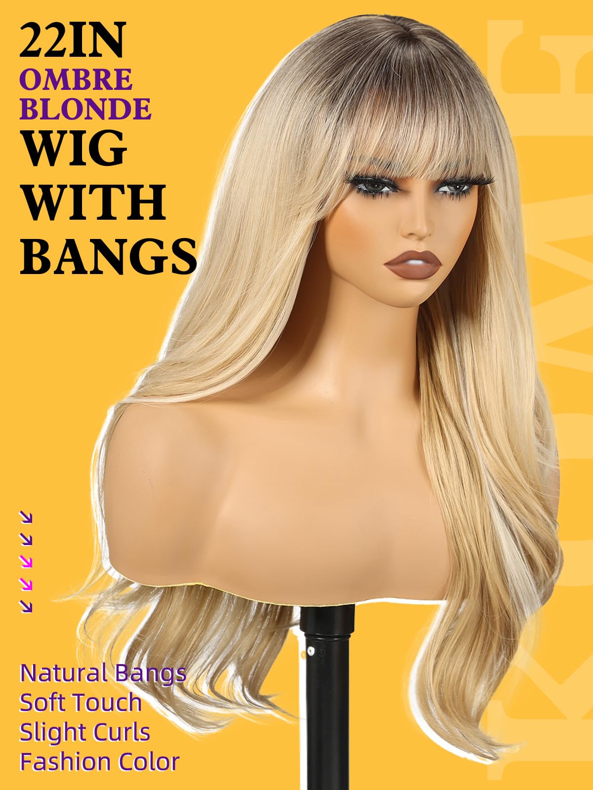 kome Ombre Blonde Wigs with Bangs,Blonde Layered Wig for Women,Long Wavy Wigs Synthetic Hair Wig for Party Daily Use 26IN
