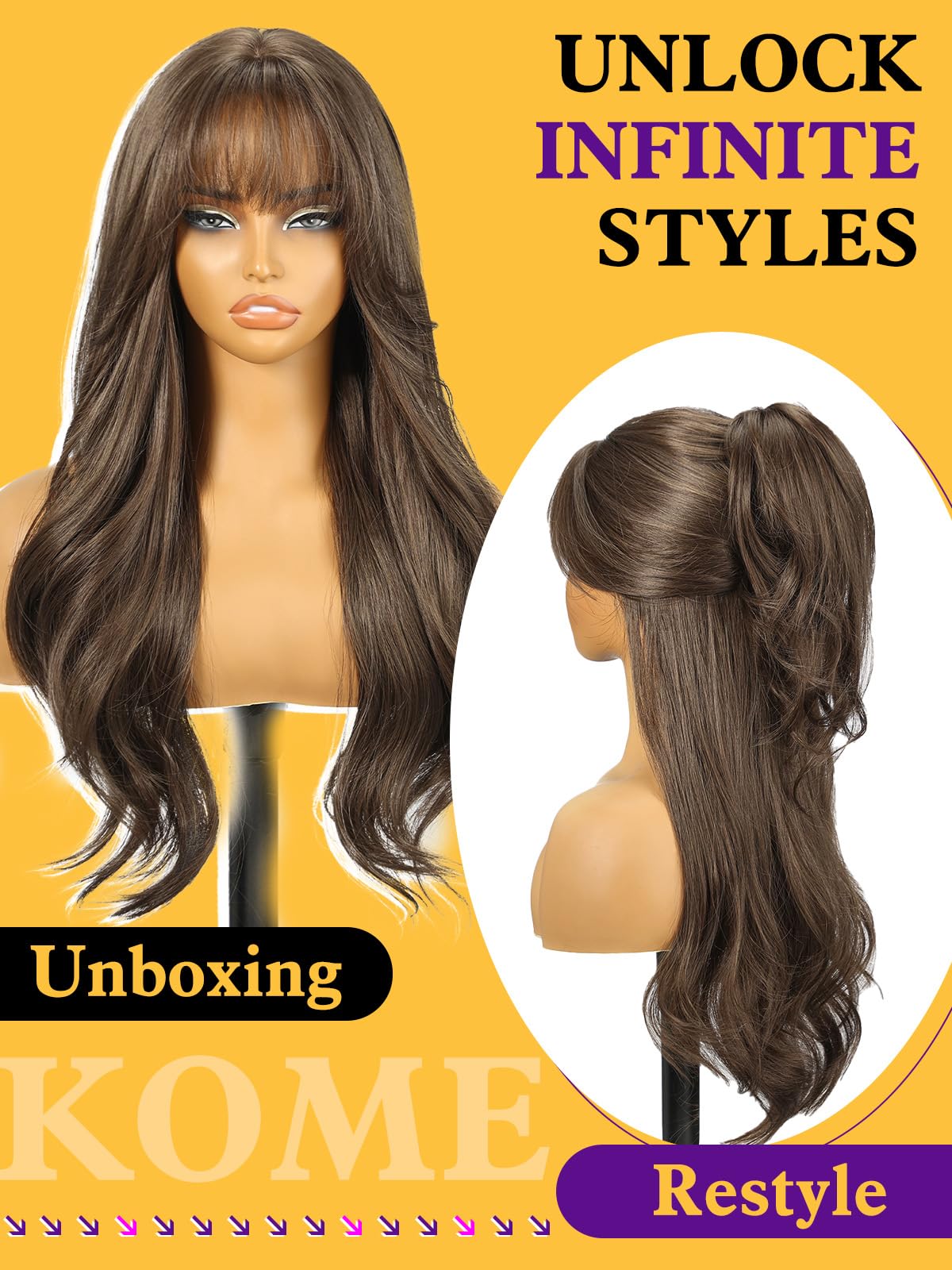 Natural Brown Wigs with Bangs, Brown Long Wavy Synthetic Hair Wig for Women, 24IN