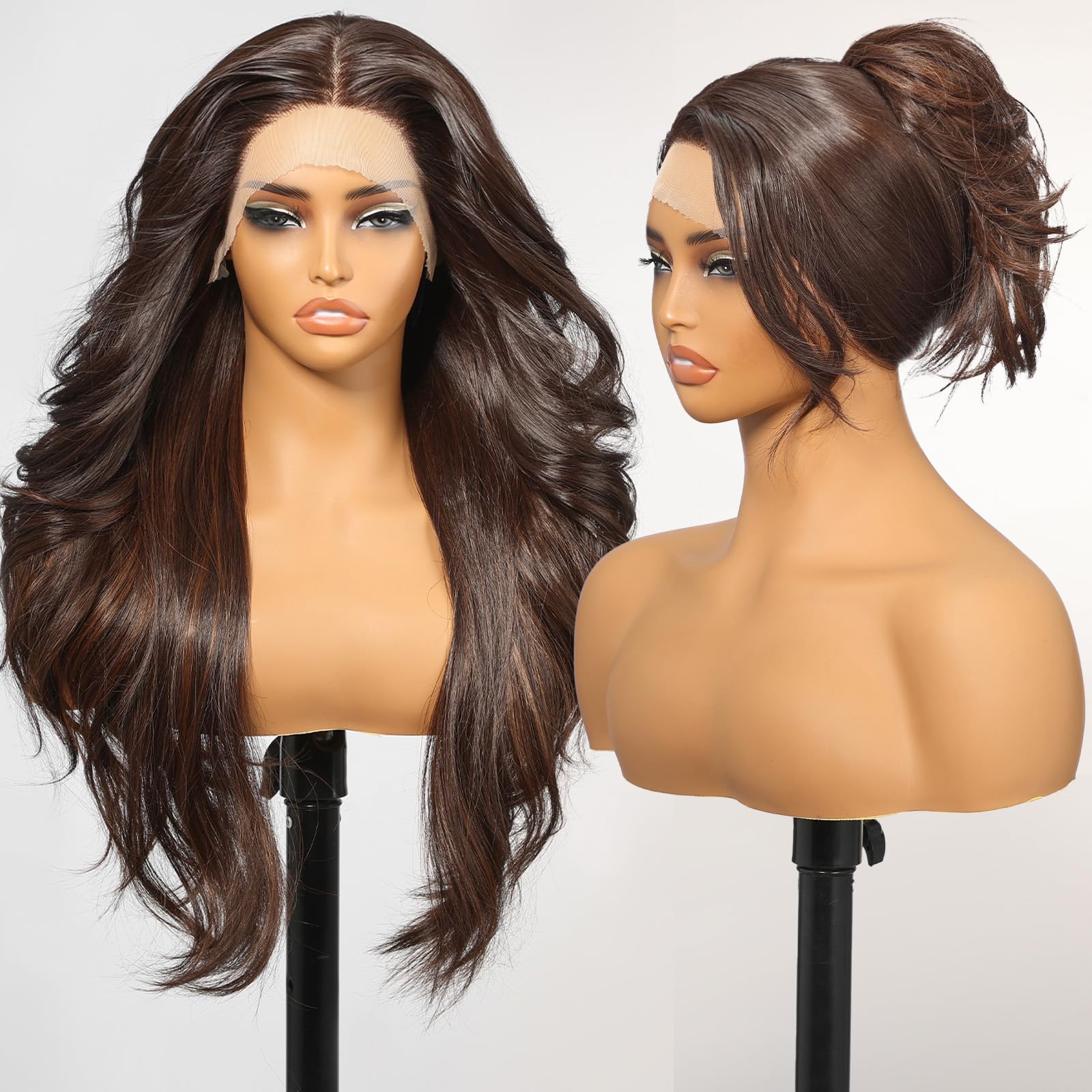 KOME Brown Synthetic Lace Front Wig,Brown Highlight 13x4 Glueless Wigs Body Wave Wig,Put On Go Shaggy Wolf Haircuts Wigs for Women,Pre-Plucked Hairline Wigs for Party Dality Use 26IN