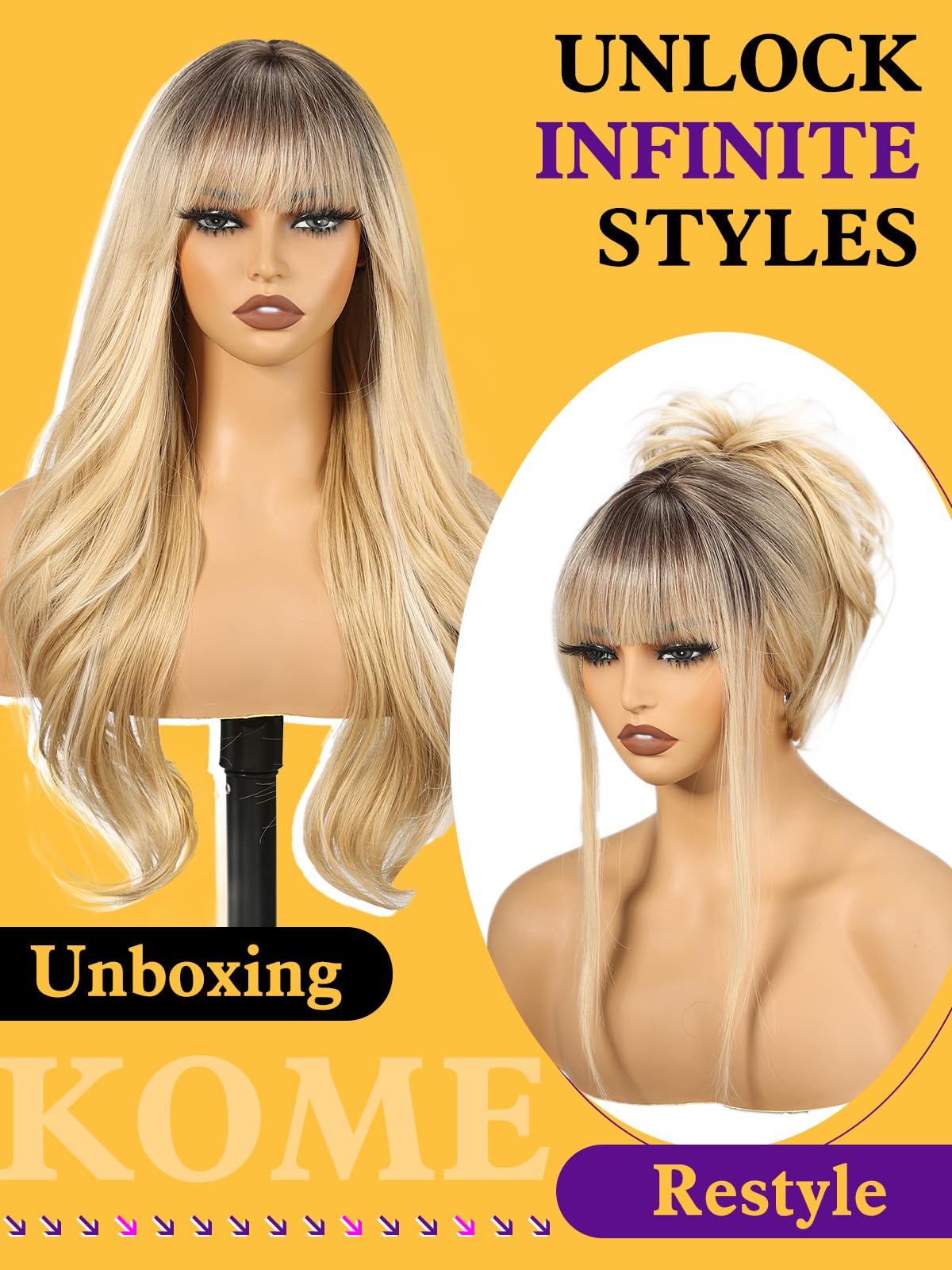 kome Ombre Blonde Wigs with Bangs,Blonde Layered Wig for Women,Long Wavy Wigs Synthetic Hair Wig for Party Daily Use 26IN