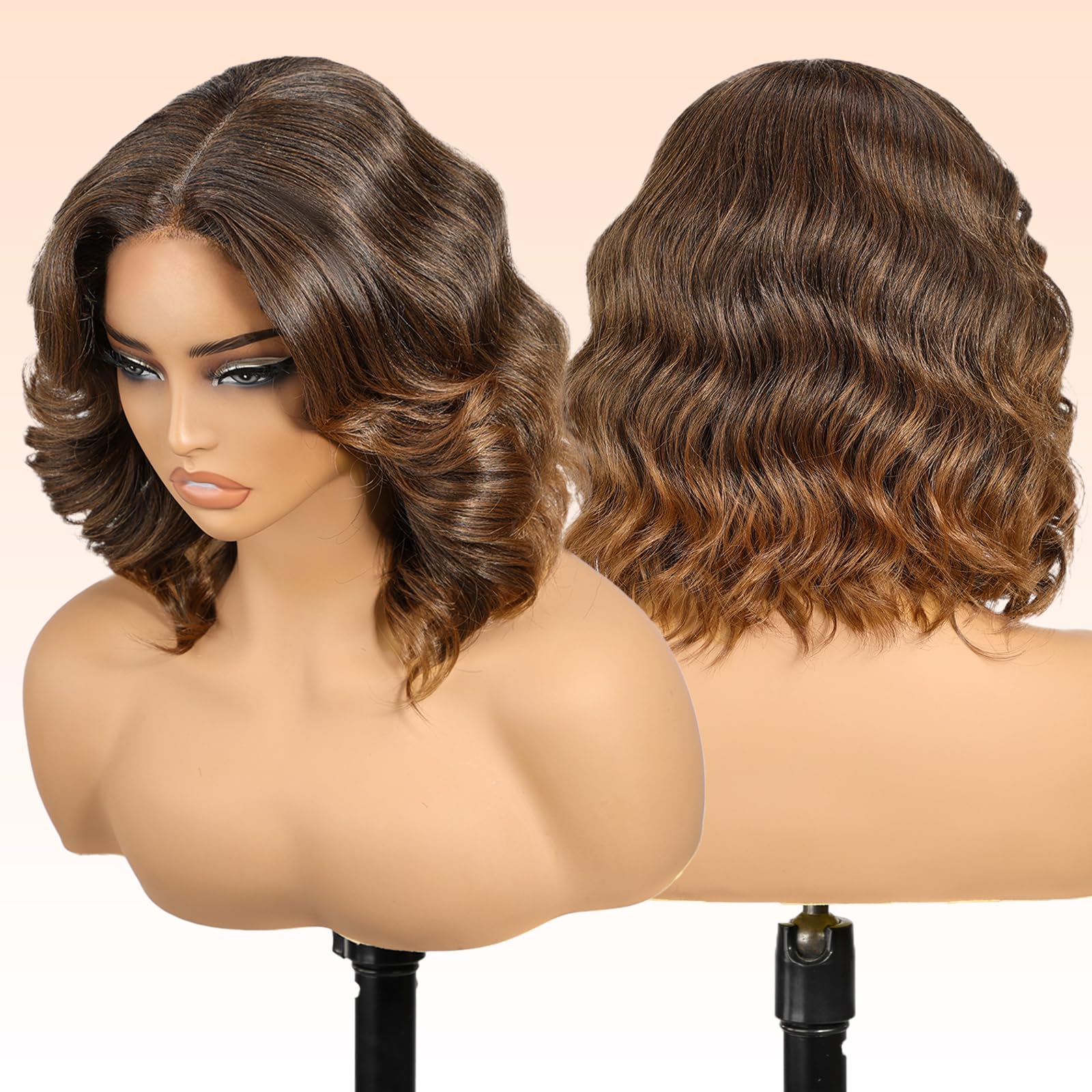 KOME Natural Brown Lace Front Wig,Short Bob Wigs Body Wave Pre Plucked Ready to Wear,HD Glueless 13X5X1 Synthetic Lace Front Wigs for Women,Daily Use Hair Wig 12IN