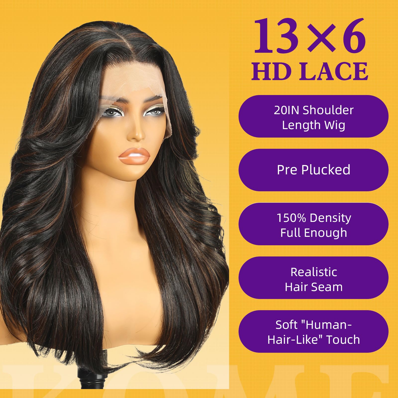 KOME Black Brown Highlight Synthetic Lace Front Wig,13X6 HD Lace Wigs,Straight Curly Glueless Transparent Lace Frontal Wigs Pre Plucked Wig for Women Daily Use Hair Wig 20IN（1B/30）