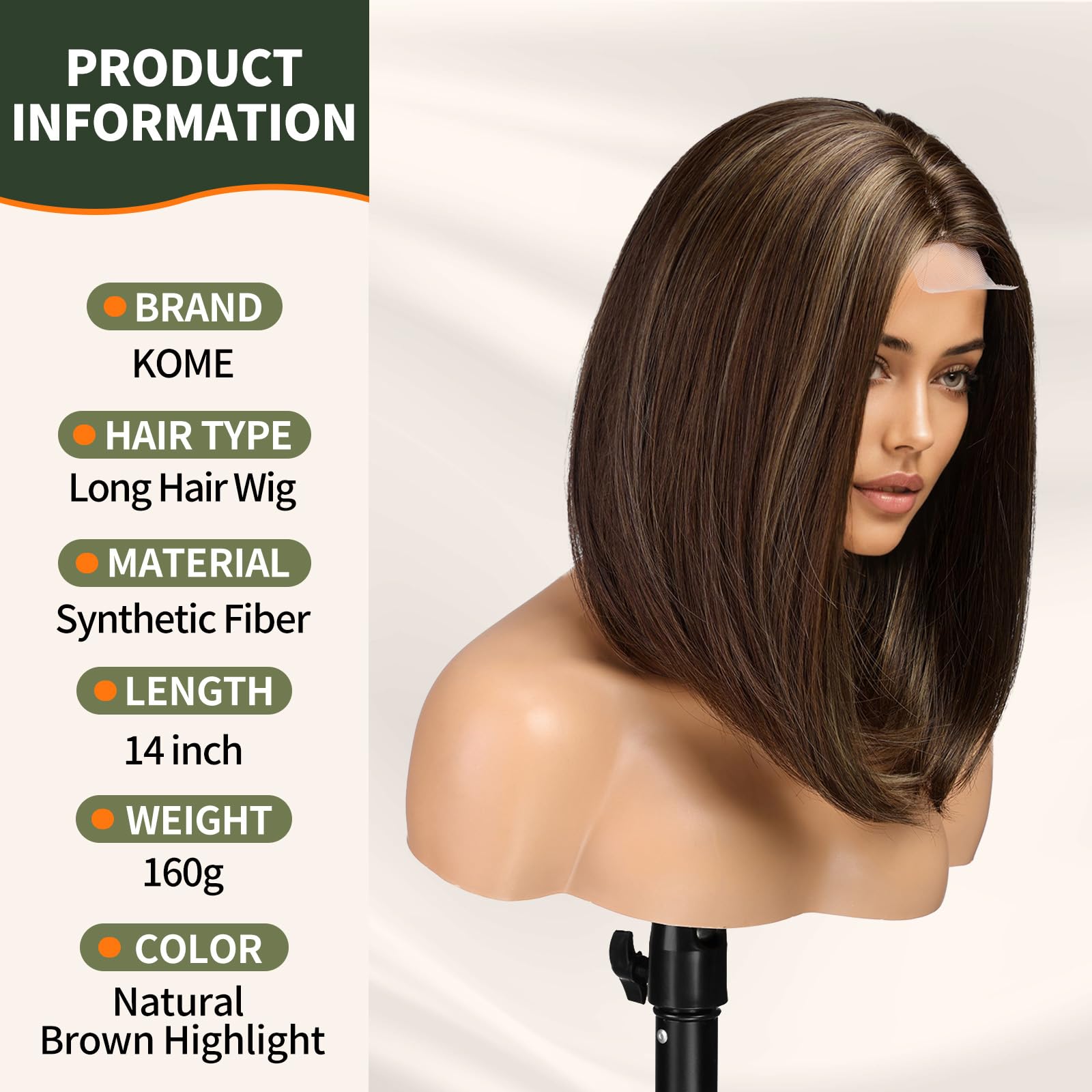 KOME FTL007-4 Natural Brown Highlight Short Bob Wigs,Brown Straight Shoulder Length Wigs for Women,Middle Part Heat Resistant Fibre Synthetic Wig Daily Use