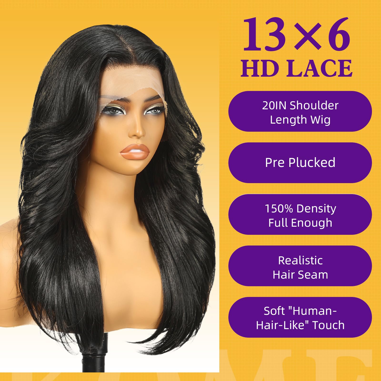 KOME Black Synthetic Lace Front Wig,13X6 HD Lace Wigs,Straight Curly Glueless Transparent Lace Frontal Wigs Pre Plucked Wig for Women Daily Use Hair Wig 20IN（1B）