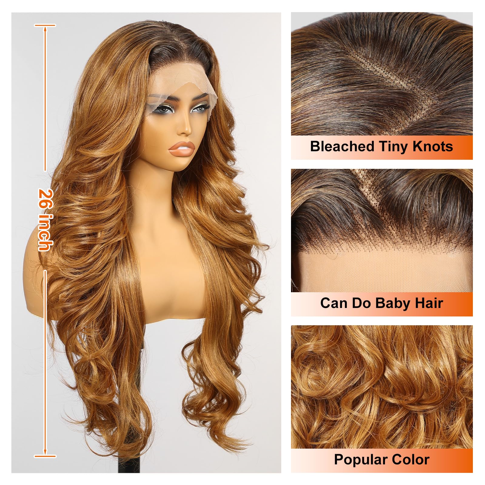 KOME Honey Blonde Synthetic Lace Front Wig,13×6 Body Wave Pre Plucked HD Lace Glueless Wig for Women,Natural Daily Use Hair Wig 26IN