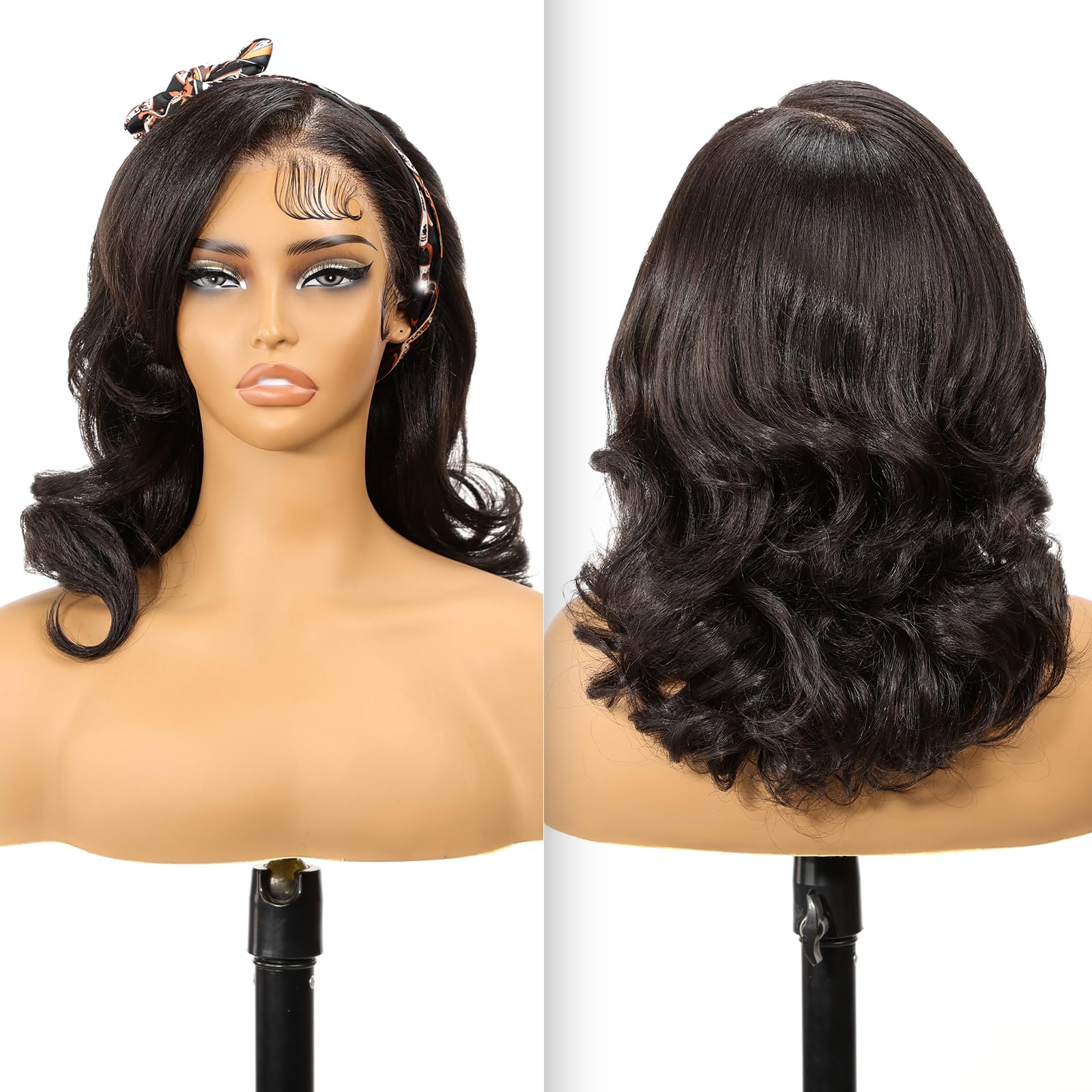 KOME Black 13×6 Lace Front Wig,Short Body Wigs Wave Pre Plucked Ready to Wear,HD Glueless Synthetic Lace Front Wigs for Women,Shoulder Length Daily Use Hair Wig 18IN