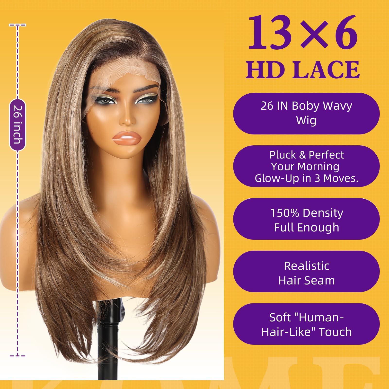 KOME Brown Highlight Synthetic Lace Front Wig, 13X6 HD Long Straight Layered Glueless Wigs for Women Daily Use 26IN （TT6/116 ）