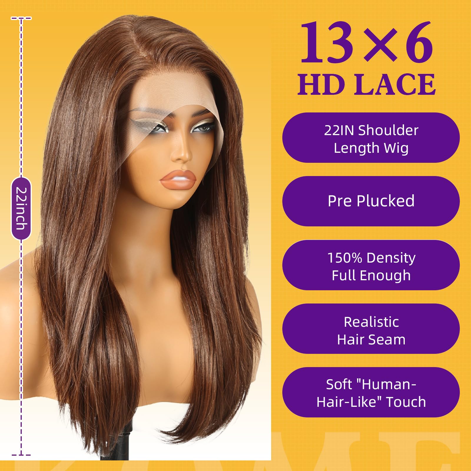 KOME Brown Synthetic Lace Front Wig,13X6 Long Straight Layered Glueless Wigs for Women Daily Use 22IN