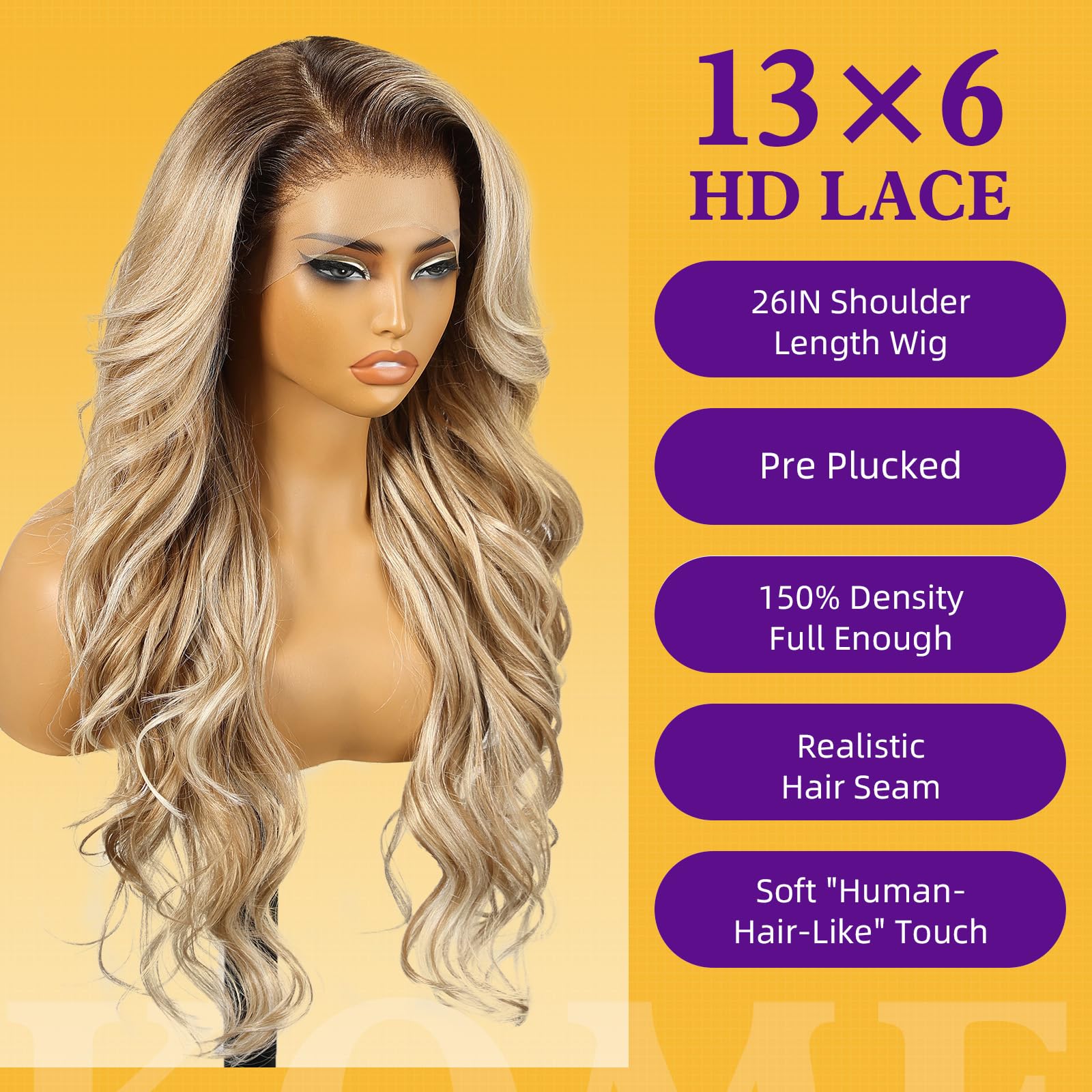 KOME Dirty Blonde Synthetic Lace Front Wig,13×6 Curly Glueless Wigs for Women Daily Use 26IN