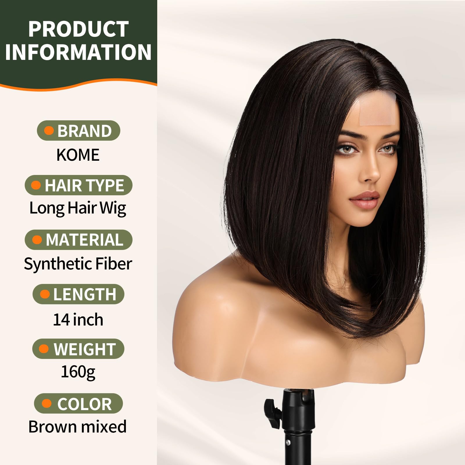KOME FTL007-2 Brown Short Bob Wigs,Brown mixed Straight Shoulder Length Wigs for Women,Middle Part Heat Resistant Fibre Synthetic Wig Daily Use