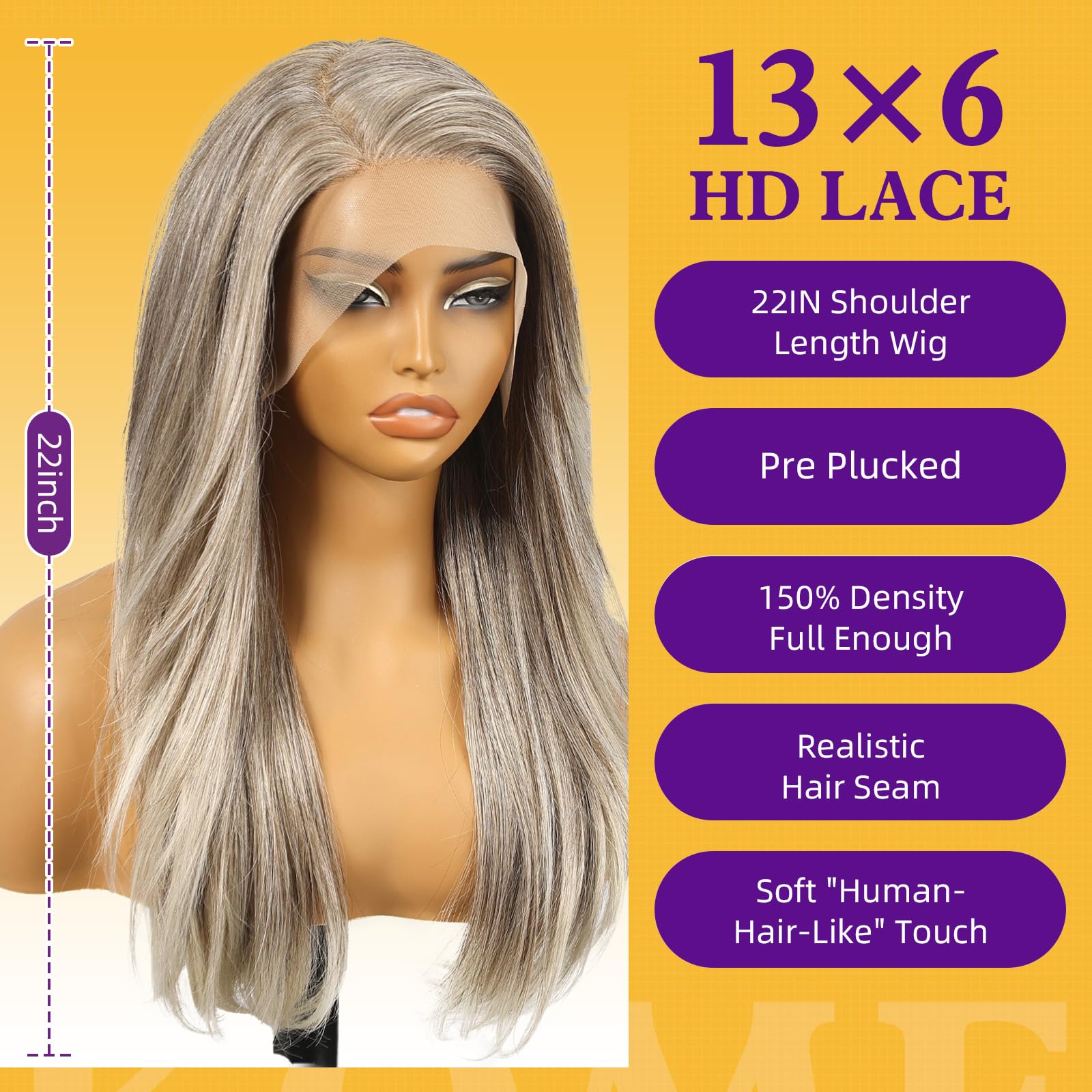 KOME Grey Synthetic Lace Front Wig,13X6 Long Straight Layered Glueless Wigs for Women Daily Use 22IN