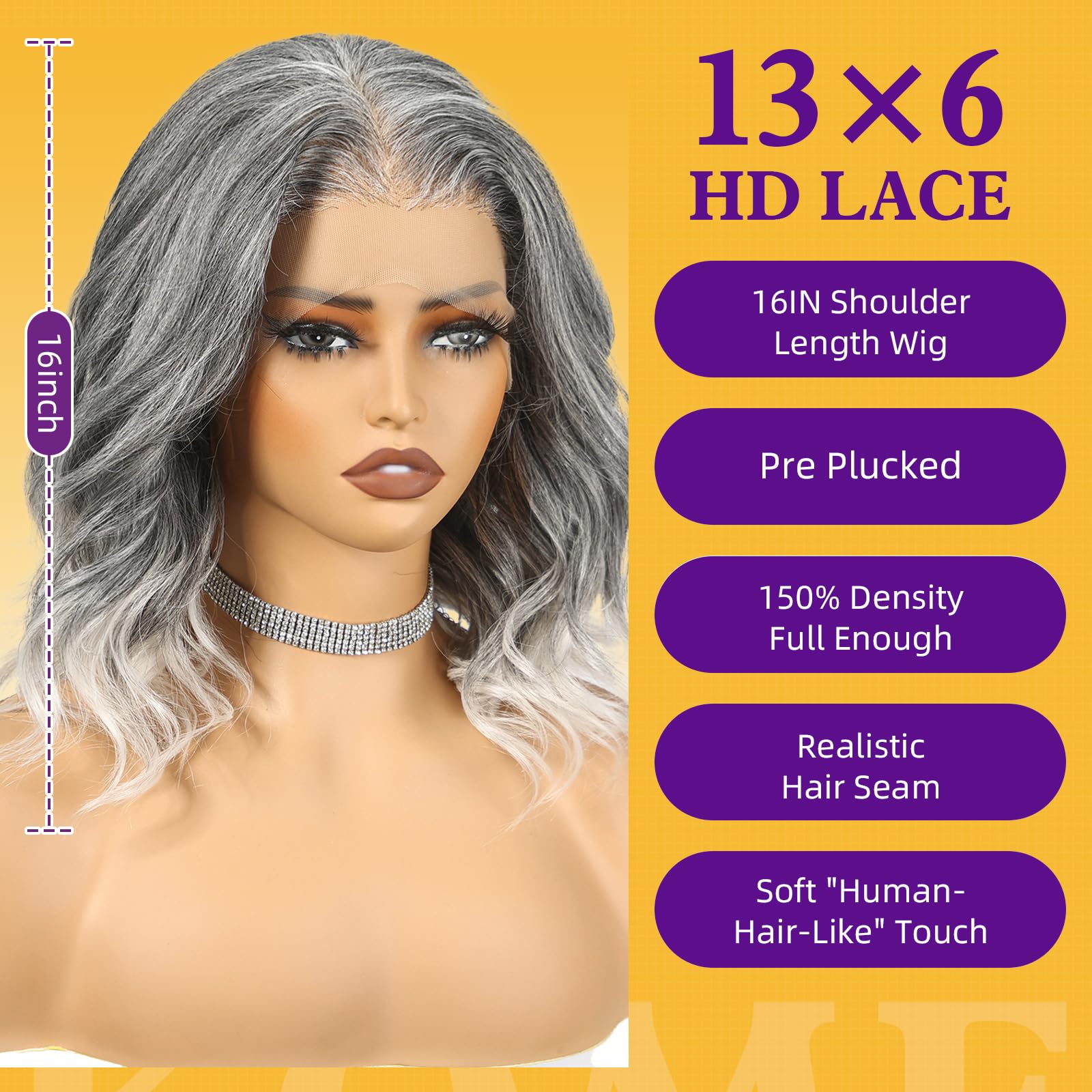 Grey White Synthetic Lace Front Wig,13×6 Glueless Shoulder Length Curly Bob Wigs for Women Daily Use 16IN