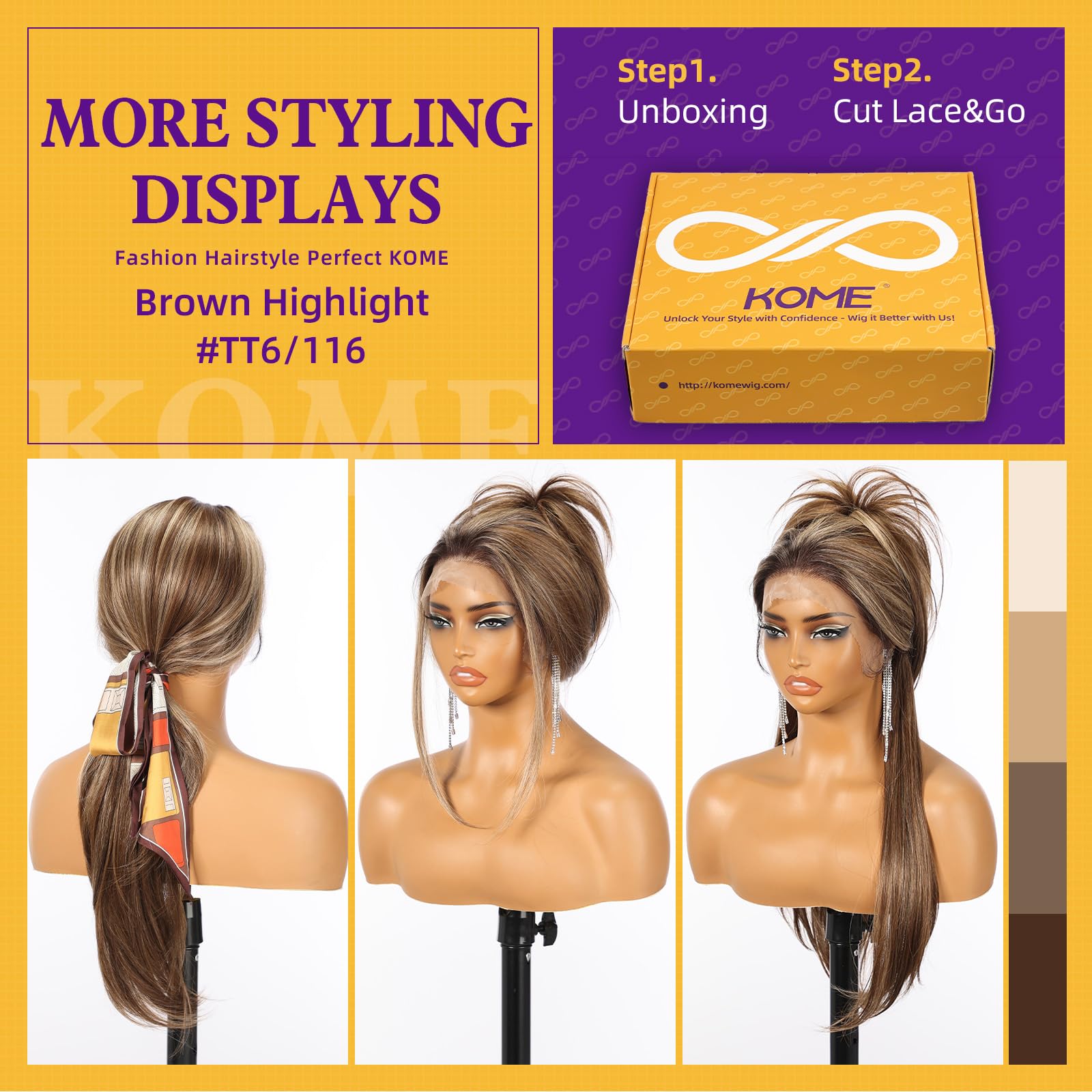 KOME Brown Highlight Synthetic Lace Front Wig, 13X6 HD Long Straight Layered Glueless Wigs for Women Daily Use 26IN （TT6/116 ）