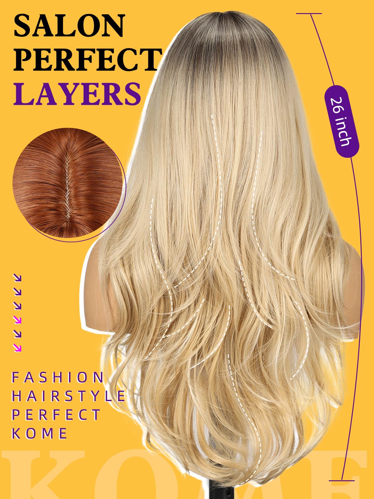 kome Ombre Blonde Wigs with Bangs,Blonde Layered Wig for Women,Long Wavy Wigs Synthetic Hair Wig for Party Daily Use 26IN