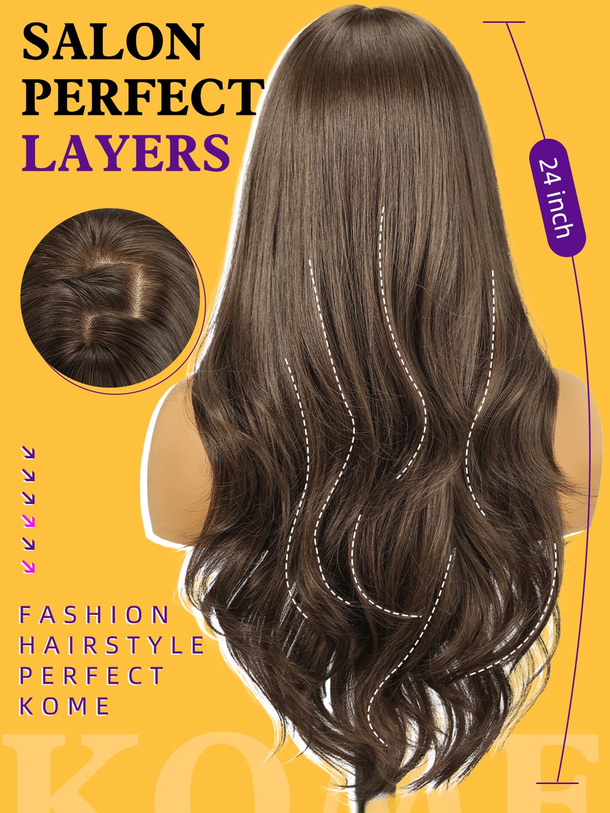 Natural Brown Wigs with Bangs, Brown Long Wavy Synthetic Hair Wig for Women, 24IN