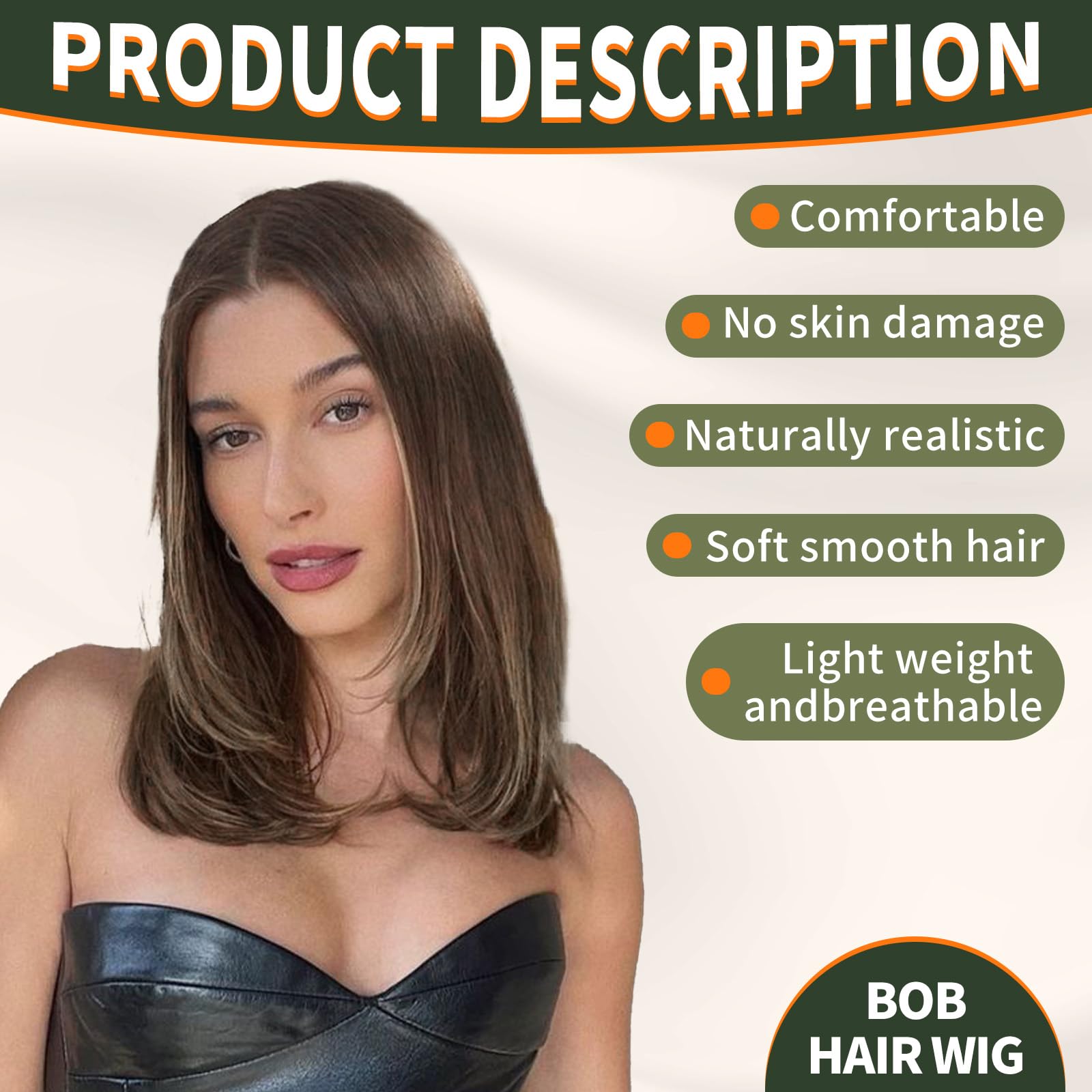 KOME FTL007-4 Natural Brown Highlight Short Bob Wigs,Brown Straight Shoulder Length Wigs for Women,Middle Part Heat Resistant Fibre Synthetic Wig Daily Use