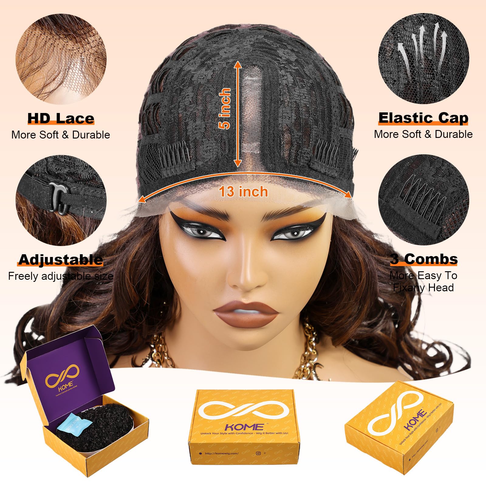 KOME Natural Brown Lace Front Wig,Short Bob Wigs Body Wave Pre Plucked Ready to Wear,HD Glueless 13X5X1 Synthetic Lace Front Wigs for Women,Daily Use Hair Wig 12IN