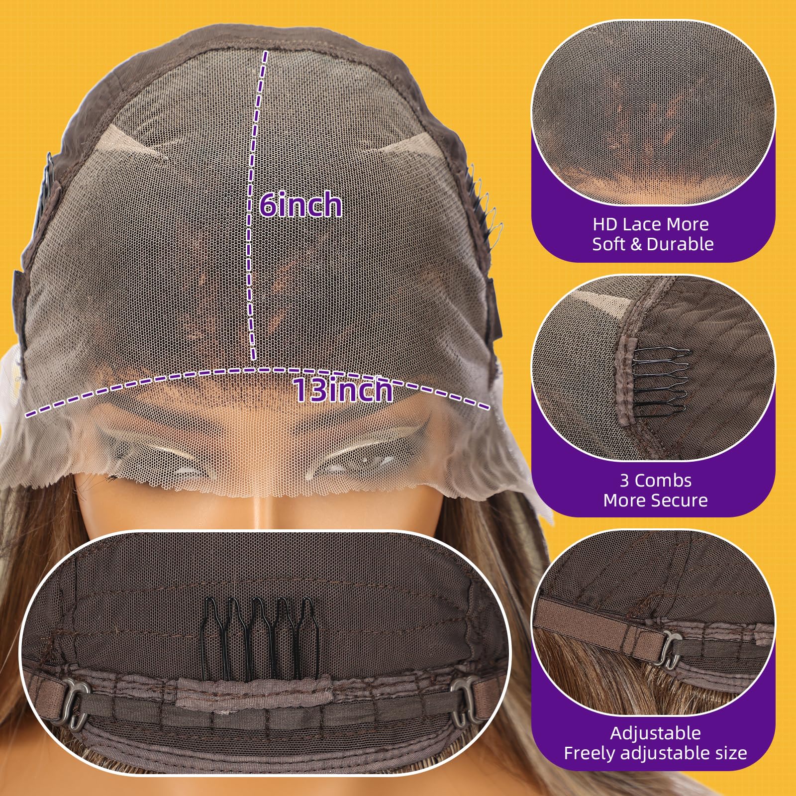 KOME Brown Highlight Synthetic Lace Front Wig, 13X6 HD Long Straight Layered Glueless Wigs for Women Daily Use 26IN （TT6/116 ）