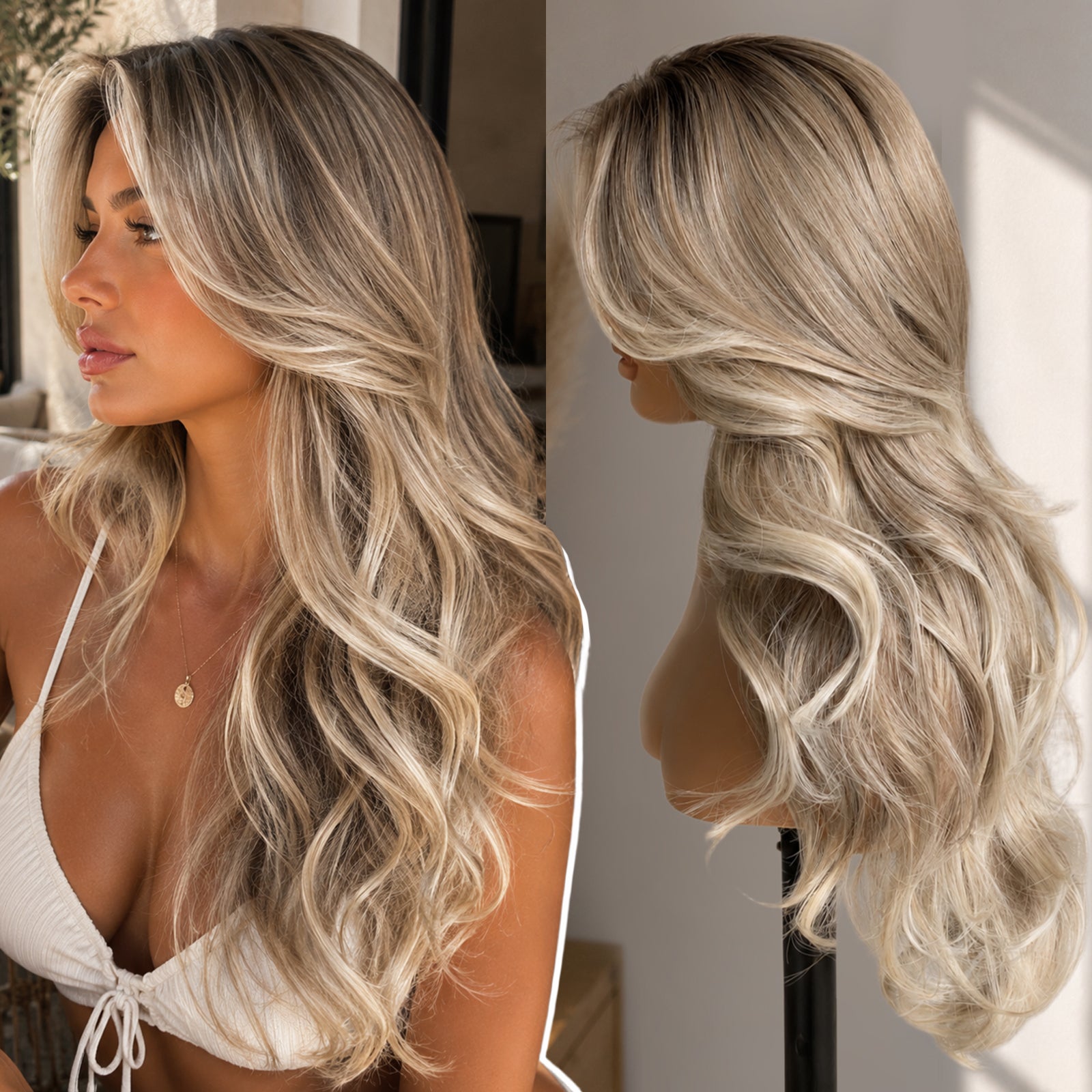 KOME Ash Blonde Highlight Synthetic Lace Front Wig,13x4 HD Lace Glueless Layered Bouncy Blowouts Blonde Wigs for Women Daily Use 26IN（#TT4/T2713A）