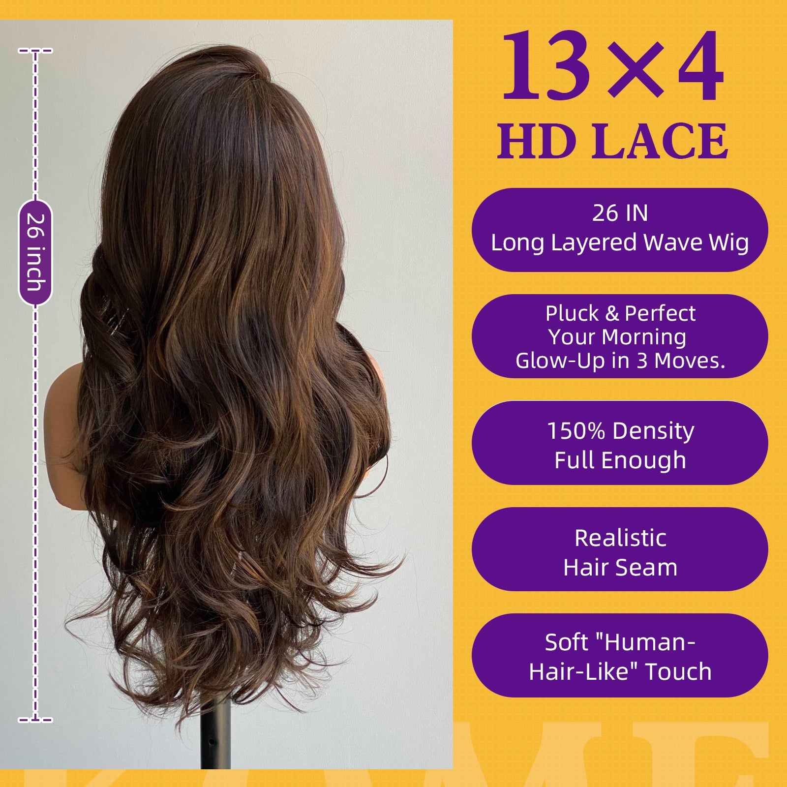 KOME Dark Brown Synthetic Lace Front Wig,13x4 HD Lace Glueless Layered Natural Brown Bouncy Blowouts Wigs for Women Daily Use 26IN(#FS4/30)