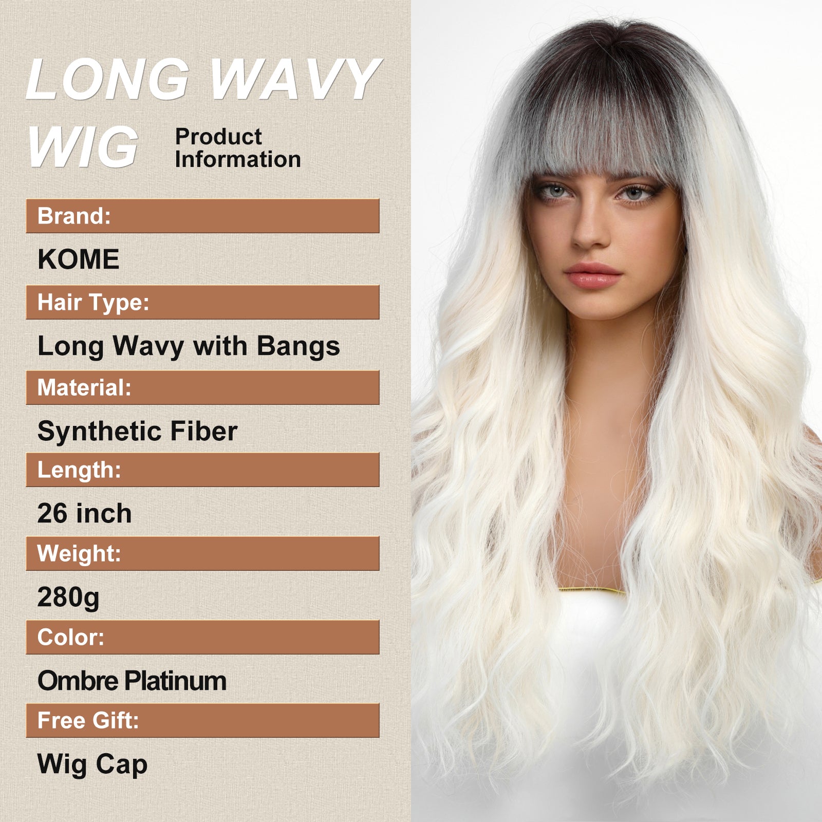 Ombre Platinum Blonde Wigs with Bangs,White Long Wavy Wig for Women,Long Curly Wigs Synthetic Hair Dark Roots Wig for Party Cosplay Daily Use 26IN